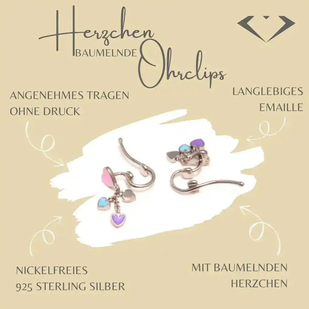 Produktbild von baumelnden Herzchen Ohrclips aus 925 Sterling Silber. Die Ohrclips sind mit langlebiger Emaille in zarten Farben verziert und verfügen über kleine, bewegliche Herzanhänger. Sie sind nickelfrei und bieten ein angenehmes Tragegefühl ohne Druck. Der beige Hintergrund enthält dekorative Schriftzüge, die die Eigenschaften der Ohrclips hervorheben.