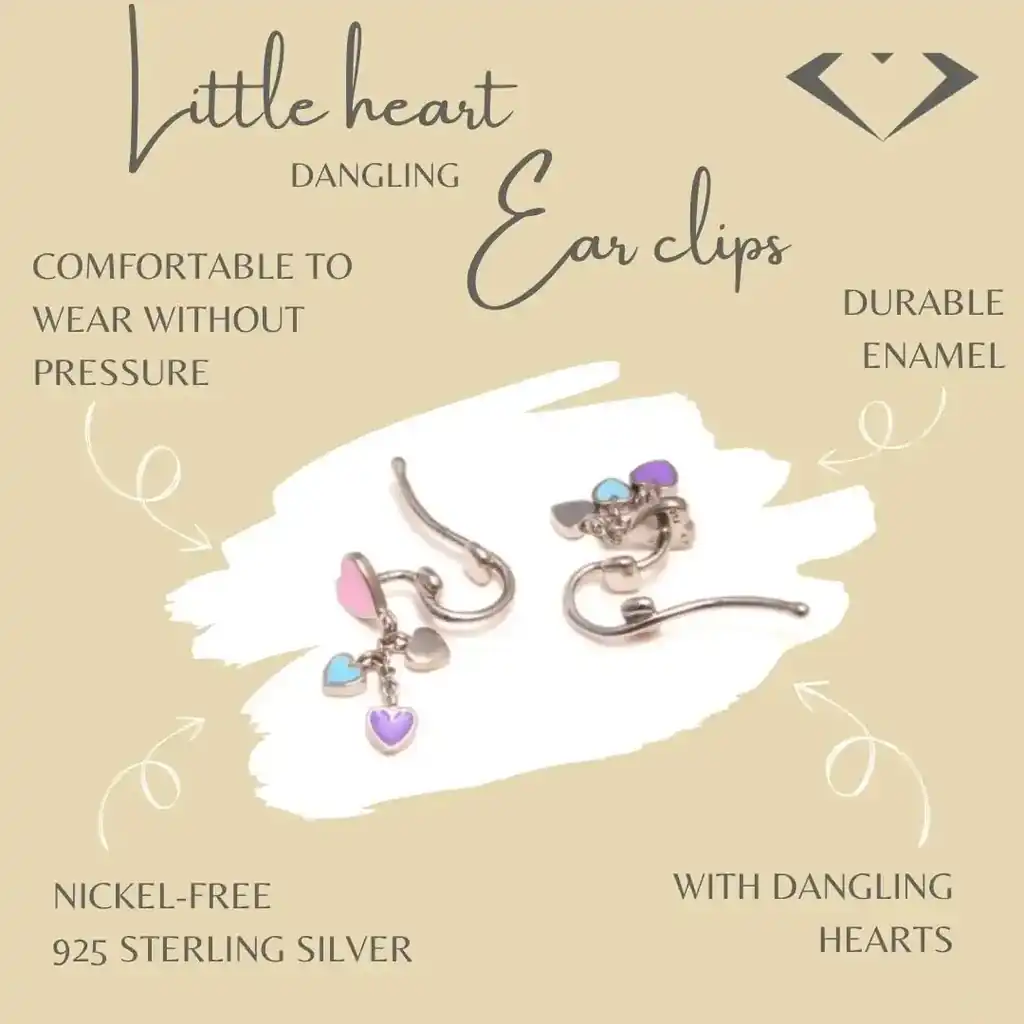 Product image of dangling heart ear clips made from 925 sterling silver. The ear clips are decorated with long-lasting enamel in delicate colors and feature small, movable heart pendants. They are nickel-free and feel comfortable to wear without any pressure. The beige background contains decorative lettering that emphasizes the features of the ear clips.