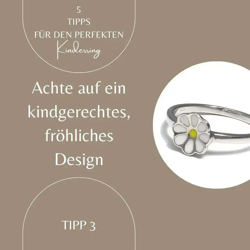 Der Schriftzug des Bildes zeigt Achte auf ein kindgerechtes und fröhliches Design. Das Bild selbst ist beige weiß und golden gehalten und zeigt einen Kinderring in Form eines Gänseblümchens. Das Bild ist anklickbar und mit dem Gänseblümchen Kinderring verlinkt.