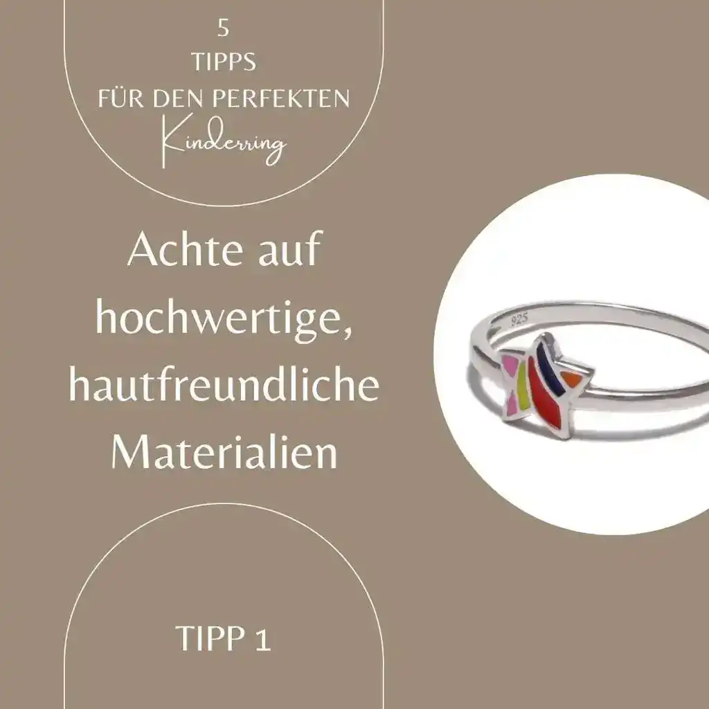 Der Schriftzug des Bildes zeigt Achte auf hochwertige, hautfreundliche Materialien. Das Bild selbst ist beige golden gehalten und zeigt einen Sternen Kinderring in Regenbogen Farben.