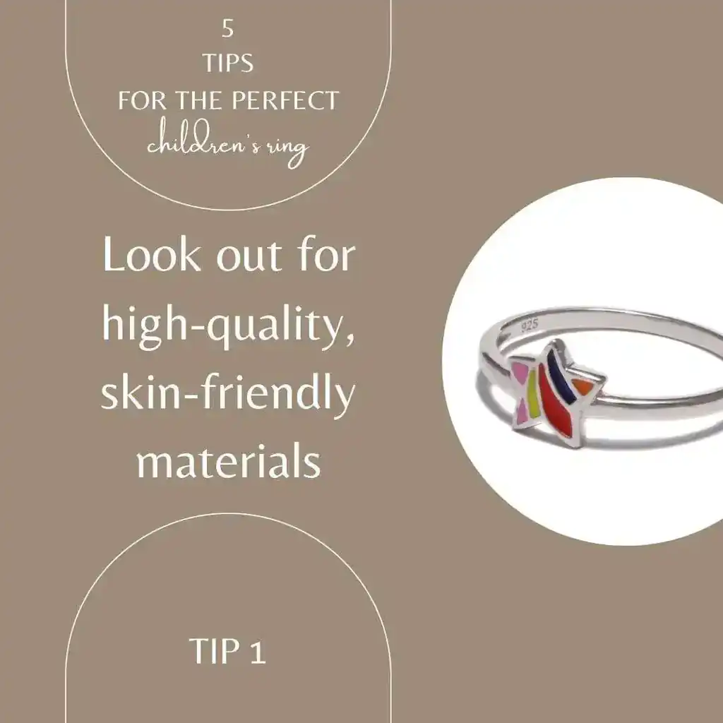 The lettering on the picture shows Pay attention to high-quality, skin-friendly materials. The picture itself is beige and gold and shows a child's star ring in rainbow colors.