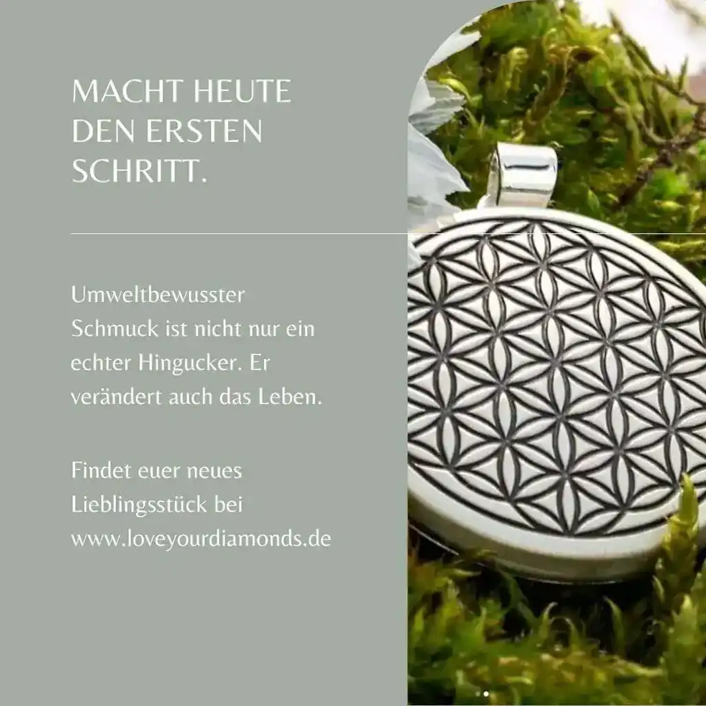 Das Bild zeigt die Aufforderung heute den ersten Schritt zum Einkauf von nachhaltigem Schmuck zu machen. Denn umweltbewusster Schmuck ist nicht nur ein echter Hingucker. Er verändert auch das Leben.