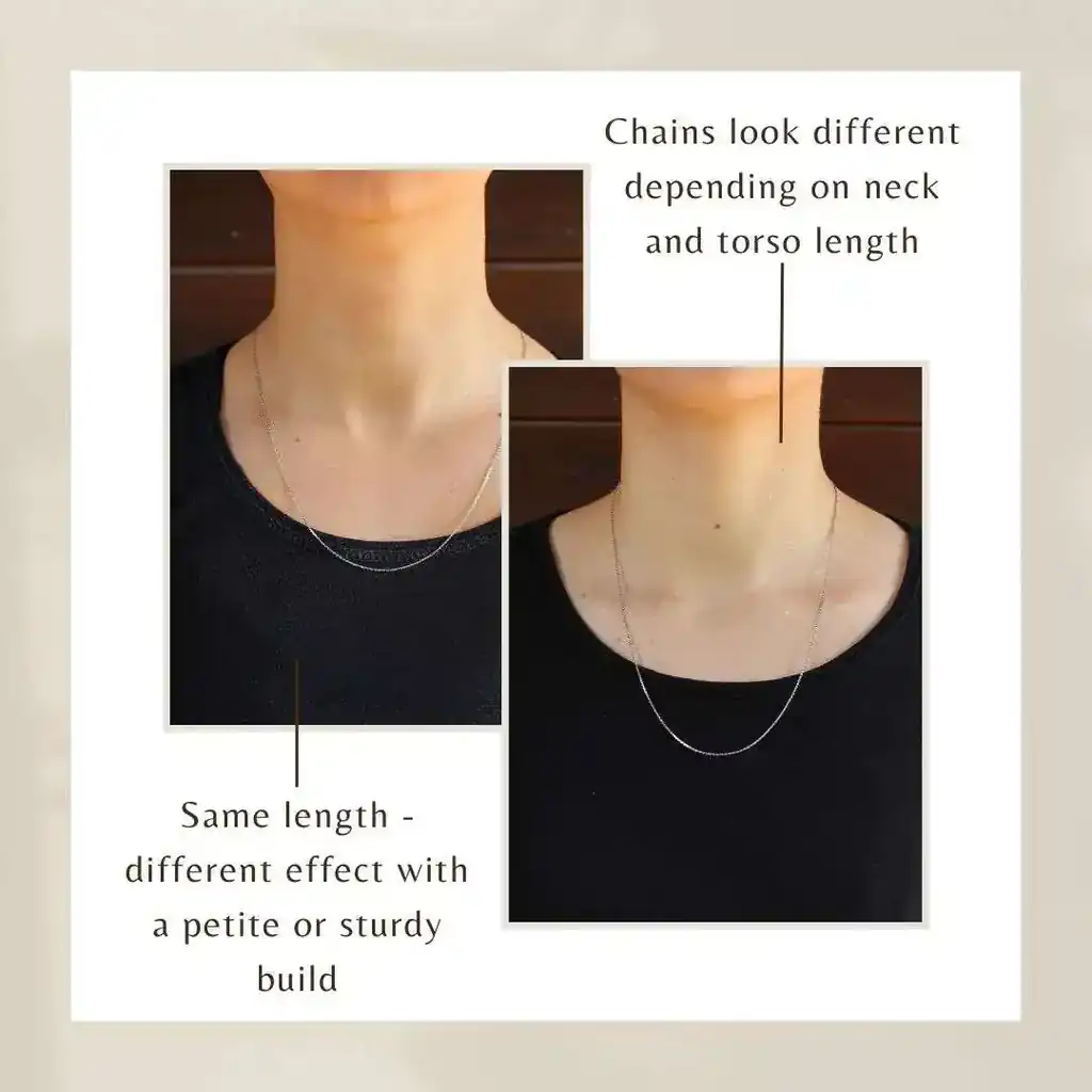 The picture shows two necks of two different women wearing the same necklace. It shows the different effect of a necklace depending on stature and size.