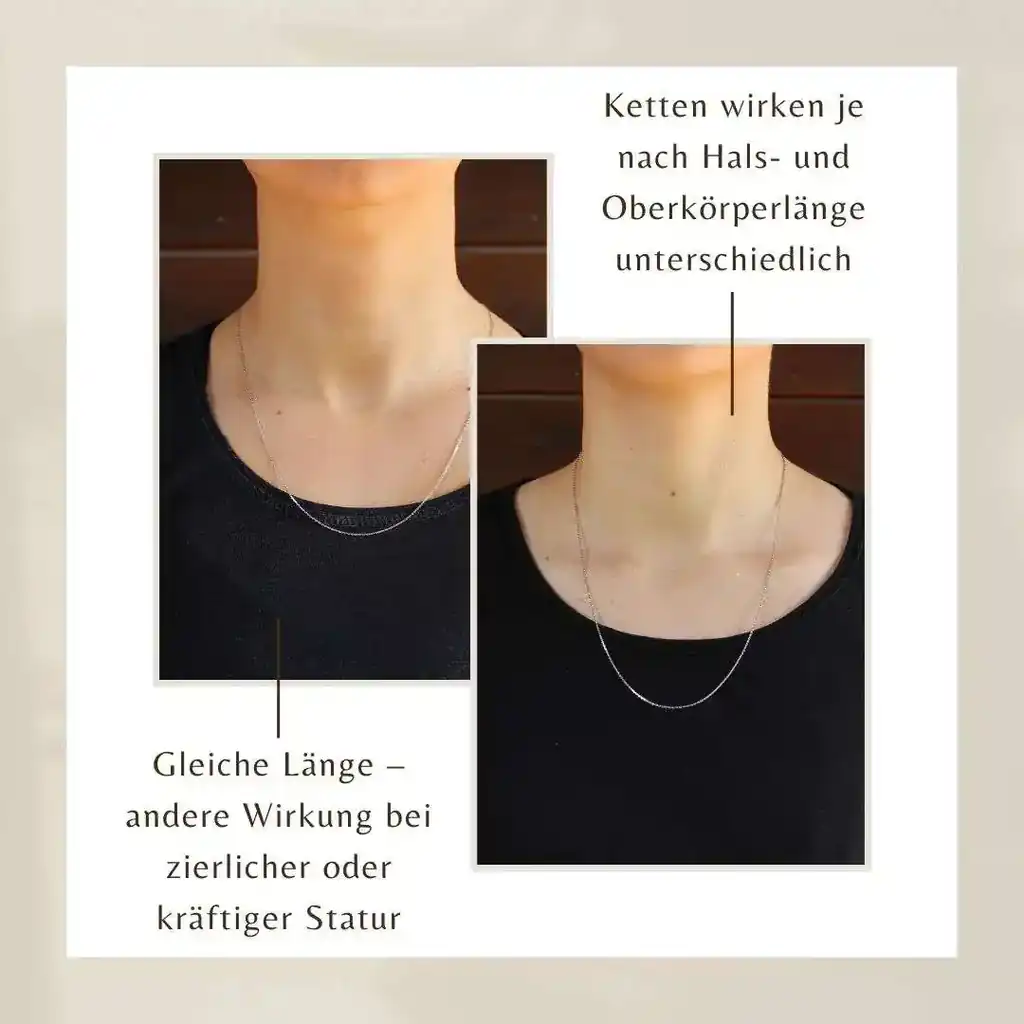Auf dem Bild sind zwei Hälse von zwei unterschiedlichen Frauen zu sehen, die die gleich Kette tragen. Es zeigt die unterschiedliche Wirkung einer Kette abhängig von Statur und Größe.