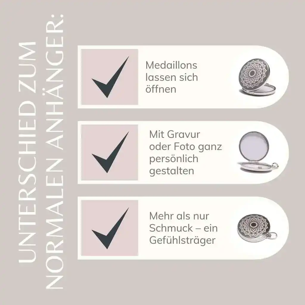 Illustration mit drei Unterschieden eines Medaillons zu einem Anhänger: Medaillons lassen sich öffnen, mit Gravur oder Foto ganz persönlich gestalten, mehr als nur Schmuck - ein Gefühlsträger. Jedes mit Häkchen und Medaillon-Darstellung.