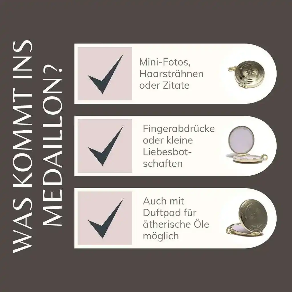 Illustration mit drei Ideen für Inhalte eines Medaillons: Mini-Fotos, Haarsträhnen oder Zitate; Fingerabdrücke oder Liebesbotschaften; Duftpad für ätherische Öle. Jedes mit Häkchen und Medaillon-Darstellung.