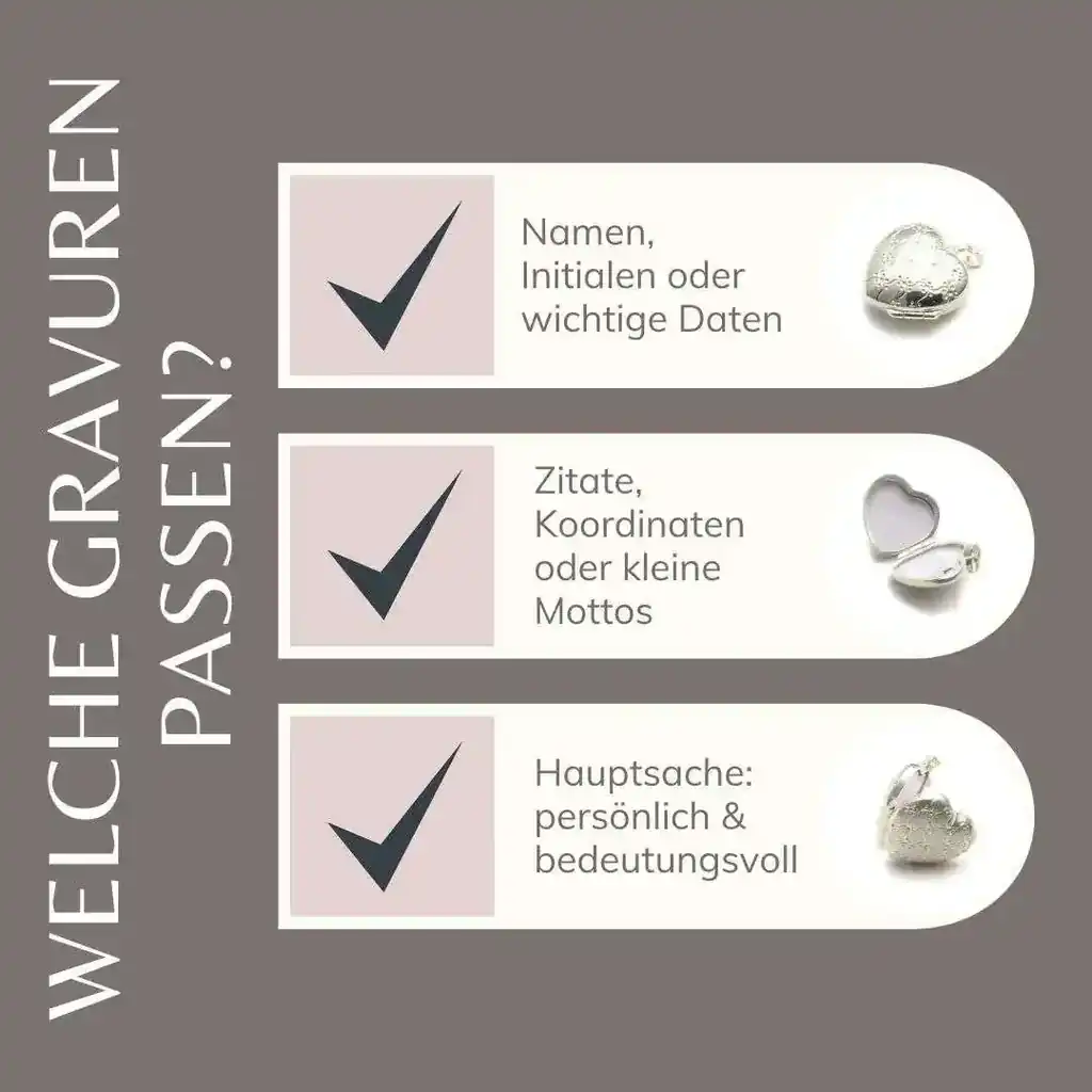 Grafik mit drei Gravurideen für ein Medaillon: Namen, Initialen oder Daten; Zitate, Koordinaten oder Mottos; persönliche und bedeutungsvolle Worte. Mit Häkchen und Herzmedaillon-Abbildungen.