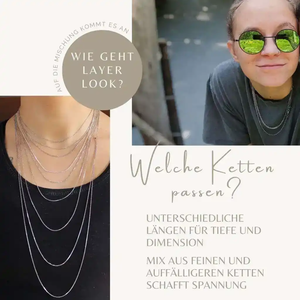 Das Bild ist in drei Bereiche aufgeteilt. Links sieht man eine Person mit mehreren Silberketten in unterschiedlichen Längen übereinander getragen – von kurzer Choker-Länge bis hin zu sehr langen Ketten. Rechts oben ist eine weitere Person zwei mittellangen Silberketten und Sonnebrille zu sehen. In der Mitte befindet sich ein beiger Kreis mit dem Text: „Wie geht Layer Look? Auf die Mischung kommt es an“. Darunter steht: „Welche Ketten passen?“ mit den Tipps: „Mix aus feinen und auffälligeren Ketten schafft Spannung“ und „Unterschiedliche Längen für Tiefe und Dimension“. Die Bildgestaltung ist modern und in neutralen Farben gehalten.