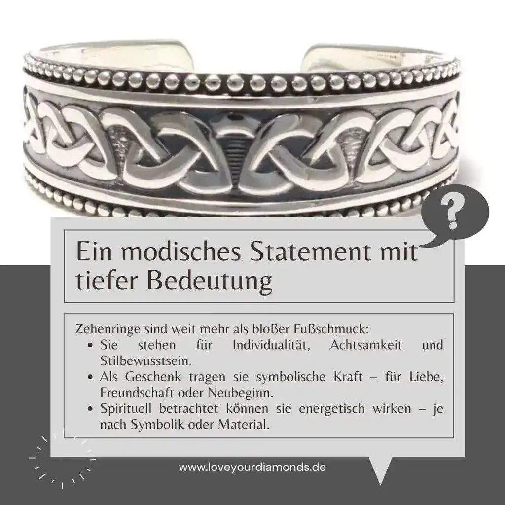 Ein modisches Statement mit tiefer Bedeutung Zehenringe sind weit mehr als bloßer Fußschmuck:  Sie stehen für Individualität, Achtsamkeit und Stilbewusstsein.  Als Geschenk tragen sie symbolische Kraft – für Liebe, Freundschaft oder Neubeginn.  Spirituell betrachtet können sie energetisch wirken – je nach Symbolik oder Material.  Ein kleines Schmuckstück, das Persönlichkeit und Lebenshaltung ausdrückt.