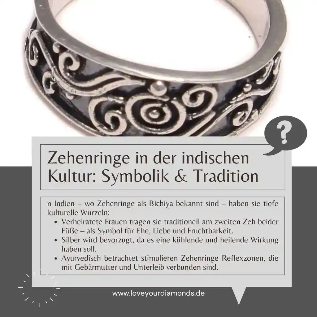 Zehenringe in der indischen Kultur: Symbolik & Tradition In Indien – wo Zehenringe als Bichiya bekannt sind – haben sie tiefe kulturelle Wurzeln:  Verheiratete Frauen tragen sie traditionell am zweiten Zeh beider Füße – als Symbol für Ehe, Liebe und Fruchtbarkeit.  Silber wird bevorzugt, da es eine kühlende und heilende Wirkung haben soll.  Ayurvedisch betrachtet stimulieren Zehenringe Reflexzonen, die mit Gebärmutter und Unterleib verbunden sind.  Ein Schmuckstück, das Kultur, Gesundheit und Spiritualität vereint.
