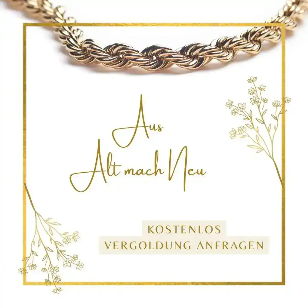 Vergoldete Halskette umrahmt mit floralen Verzierungen und goldener Schrift 'Aus Alt mach Neu!' – Jetzt kostenlos Angebot zur Vergoldung anfragen
