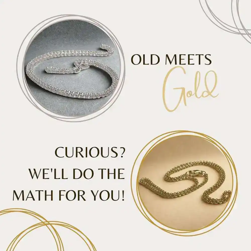 Old meets gold, before and after comparison of silver chain and gold-plated chain - clearly visible difference due to galvanic gold plating.