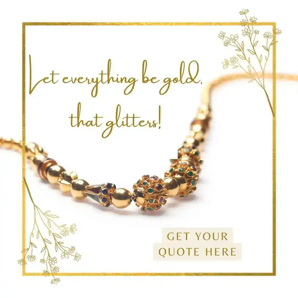 Gold necklace with colorful gemstone accents and text 'Let all that glitters be gold' - Get a quote for gold-plating jewelry