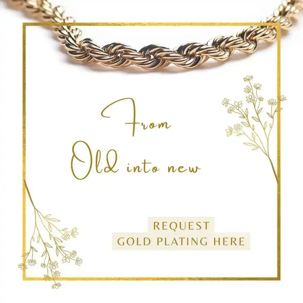 Gold-plated necklace framed with floral embellishments and gold lettering 'Turn old into new' - Request a free quote for gold plating now