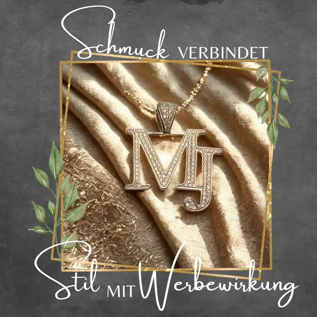 Schmuck verbindet Stil mit Werbebotschaft, eleganter Kettenanhänger aus 925 Sterling Silber in den Initialen des Unternehmens