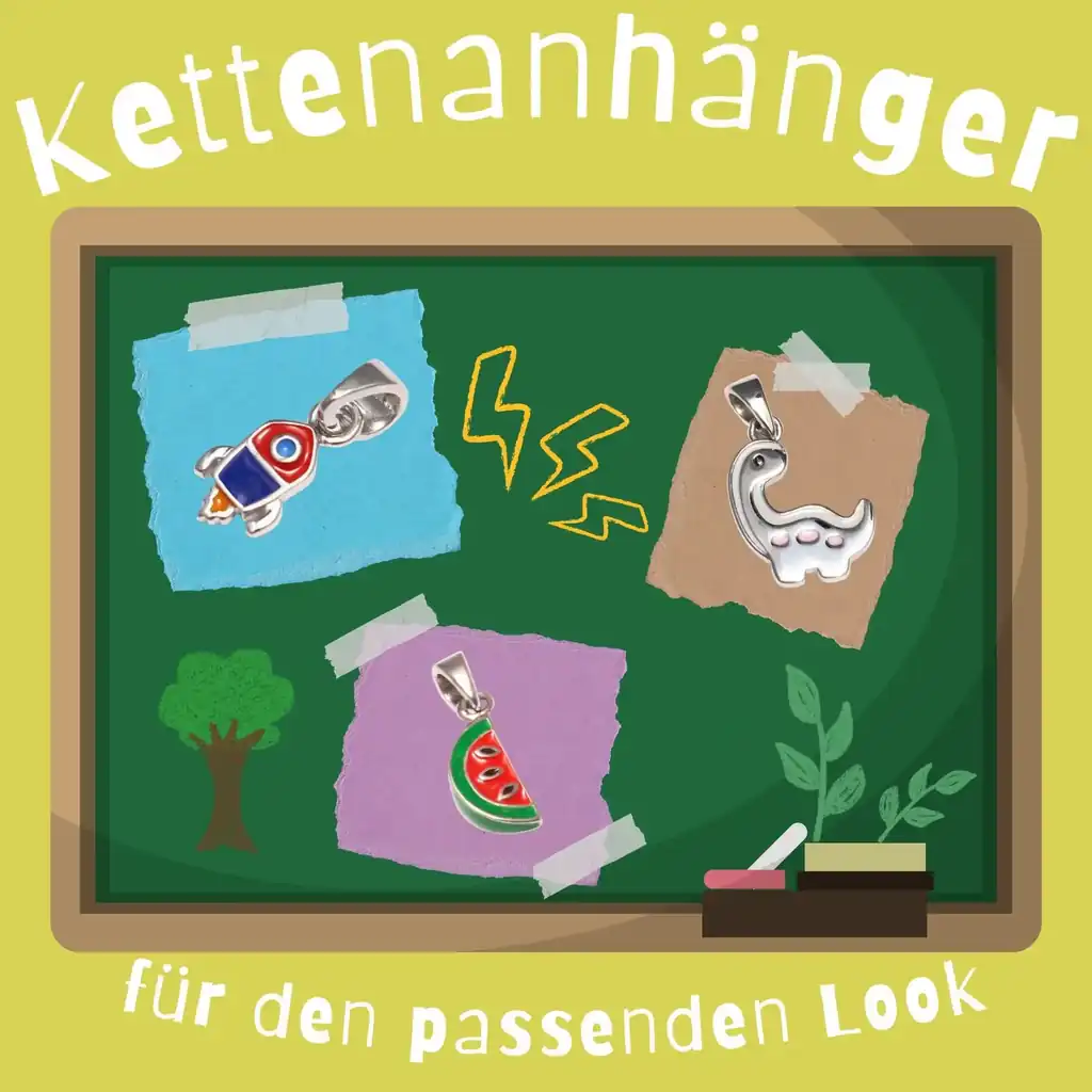 Kettenanhänger aus 925 Sterling Silber mit Kinder Motiven als Geschenk zur Einschulung auf kindlich gestalteter Schultafel – persönliche Kinder Geschenke