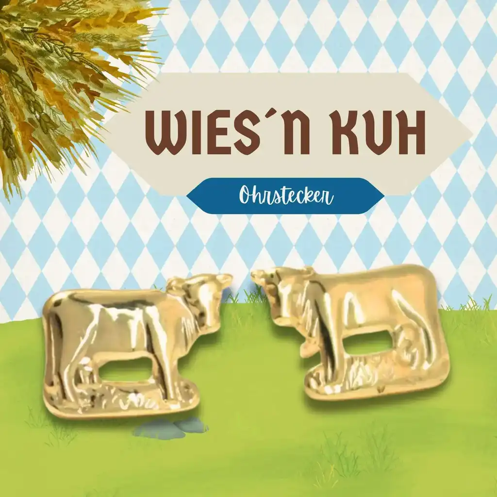 Ohrstecker in Kuh-Form aus 585 Gelbgold – witziger Wiesn-Schmuck für das Oktoberfest im traditionellen Design