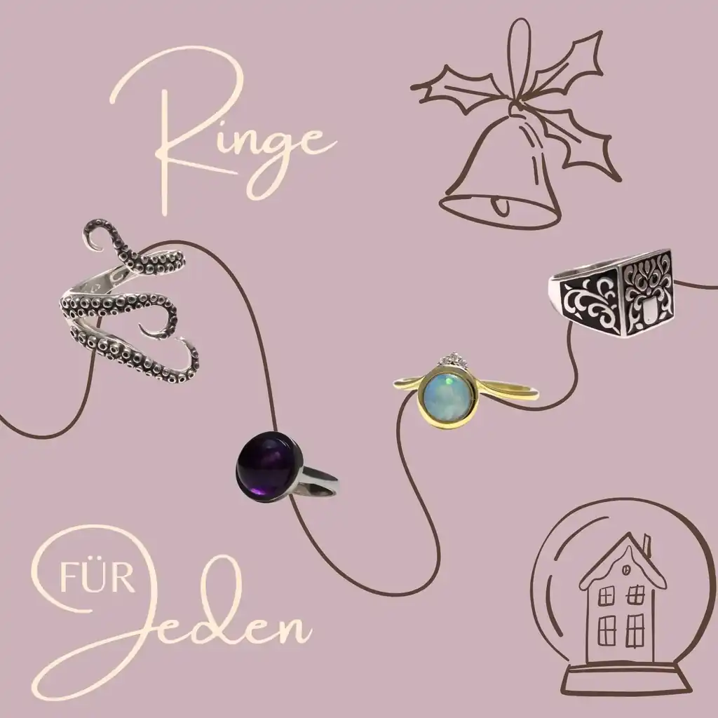 Ringe für Erwachsene in Form von Kraken, mit Edelsteinen, aus Silber und Gold auf rosanem Hintergrund mit Weihnachtsglocken und Schneekugel-Illustration. Text auf dem Bild: „Ringe für jeden“. Ideal als Weihnachtsgeschenk oder Nikolausgeschenk für Frauen und Männer.