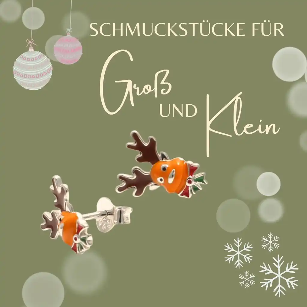 Weihnachtlicher Kinderschmuck – Ohrstecker aus 925 Sterling Silber mit Rentier-Motiv, nachhaltige Schmuckstücke für Groß und Klein.