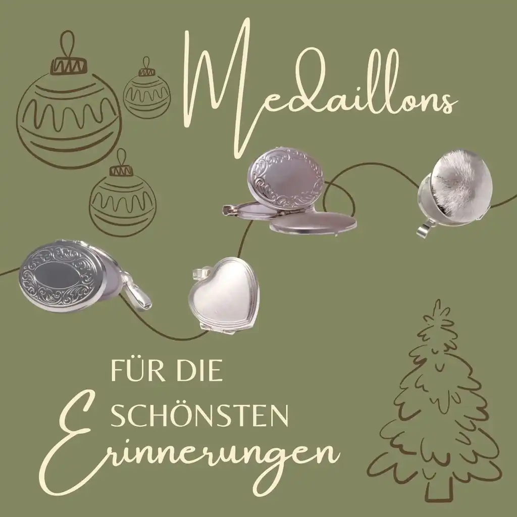 Silberne Medaillons für Kinder und Erwachsene in Form von Herzen, Kugeln und oval mit Ornamenten auf grünem Hintergrund mit Weihnachtskugeln und Weihnachtsbaum-Illustration. Text auf dem Bild: „Für die schönsten Erinnerungen“. Ideal als Weihnachtsgeschenk oder Nikolausgeschenk für eure Herzensmenschen.