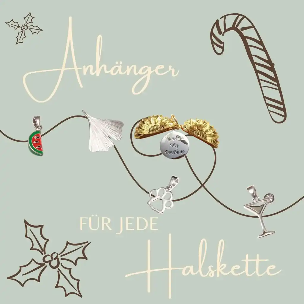 Silberne Anhänger für Ewachsene und KInder in Form von Melonen, Ginkgo Blättern, Sonnenblumen und Cocktail Gläsern auf hellgrünem Hintergrund mit weihnachtlichen Zeichnungen. Text auf dem Bild: „Anhänger für jede Halskette“. Ideal als Weihnachtsgeschenk oder Nikolausgeschenk für Frauen, Männer und Kinder.