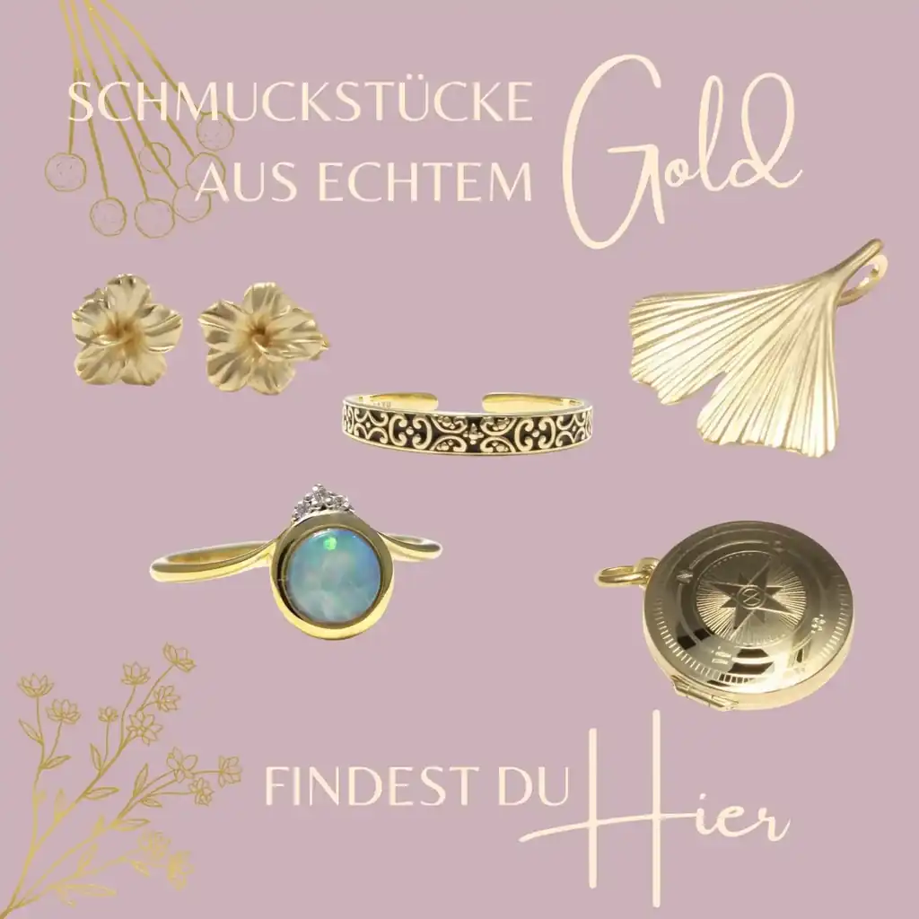 Echter Goldschmuck – verschiedene Schmuckstücke aus echtem Gold, Hibiskus Blüten Ohrstecker, Medaillons und Zehenringe. Hintergrund in rosa mit Blumen sowie Schriftzug „Schmuckstücke aus echtem Gold findest du hier“.