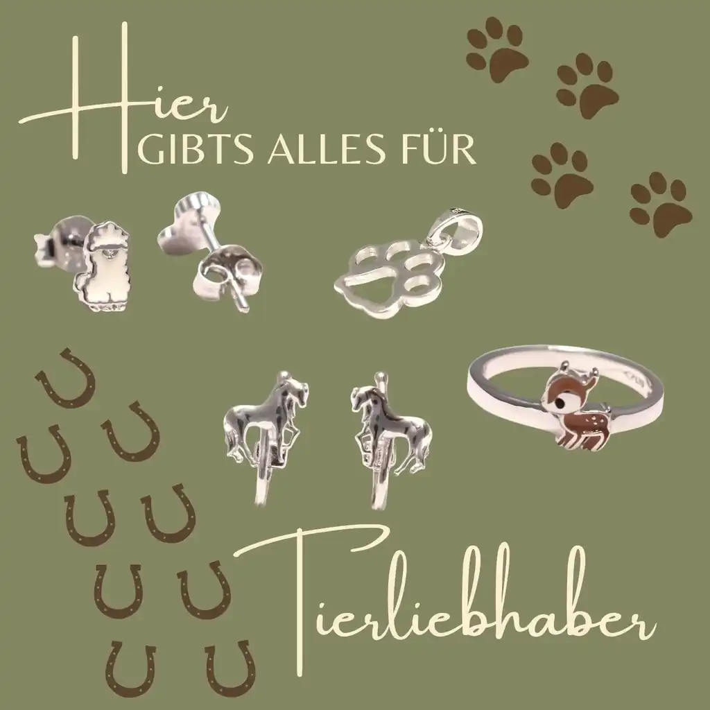 Schmuckkollektion für Tierliebhaber – verschiedene Schmuckstücke aus 925 Sterling Silber, darunter Pferd-Ohrstecker, Lama-Ohrstecker, Pfotenanhänger und ein Rehkitz-Ring. Hintergrund in Olivgrün mit Hufeisen- und Pfotenabdrücken sowie Schriftzug „Hier gibt’s alles für Tierliebhaber“.