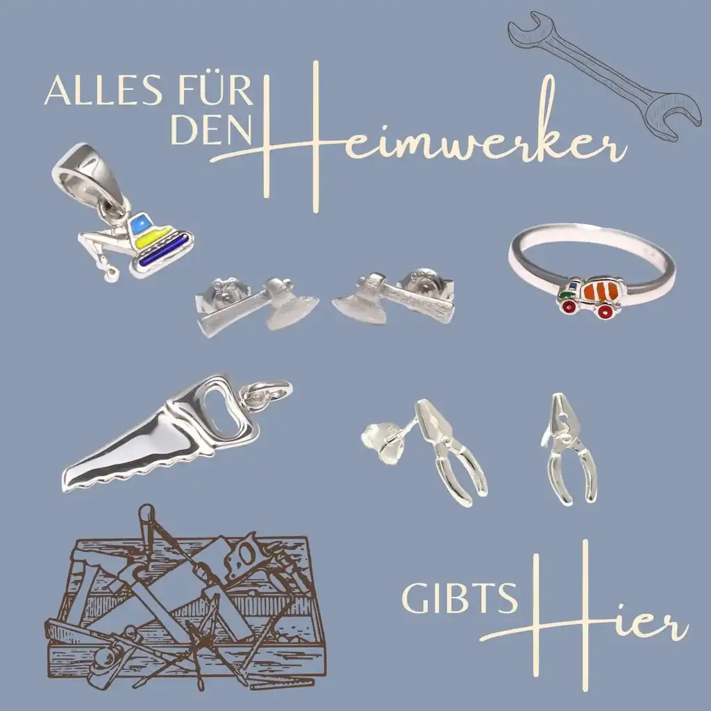 Schmuckkollektion für Handwerker – verschiedene Schmuckstücke aus 925 Sterling Silber, darunter Zangen-Ohrstecker, Axt-Ohrstecker, Säge-Anhänger und ein Betonmischer-Ring. Hintergrund in blau mit Werkzeugkoffer Zeichnung sowie Schriftzug „Alles für den Heimwerker gibt's hier“.
