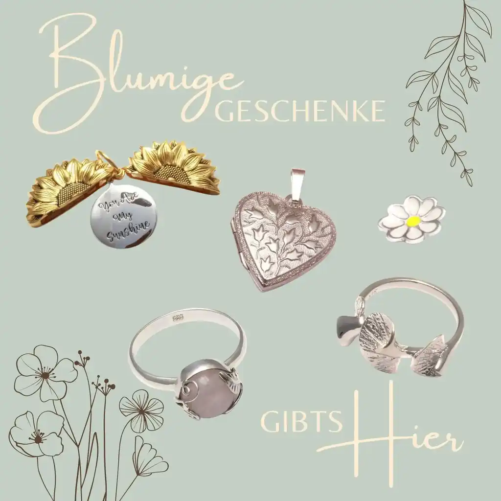 Schmuckkollektion für Blumenfreunde – verschiedene Schmuckstücke aus 925 Sterling Silber, darunter Medaillons und Ringe. Hintergrund in Mintgrün mit Blumenzeichnung sowie Schriftzug „Blumige Geschenke gibt's hier“.